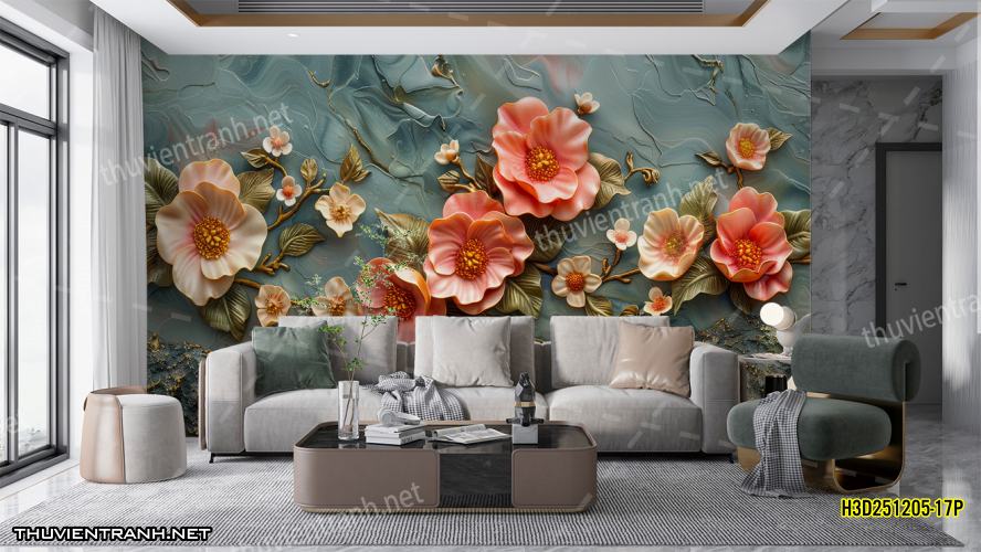 Tranh dán tường Hoa 3D- H3D251205-17P - Tranh tường chất lượng cao